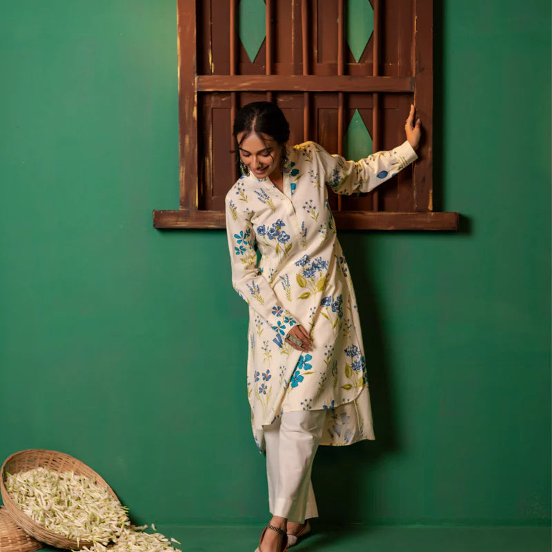 Printed High Low Cotton Kurta for Women | Bluebell Breeze