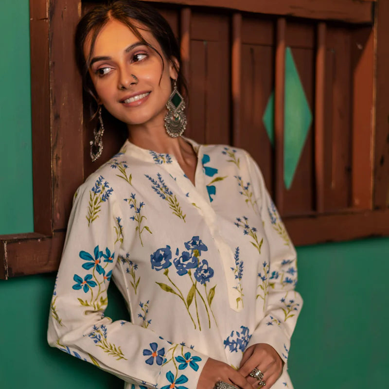 Printed High Low Cotton Kurta for Women | Bluebell Breeze