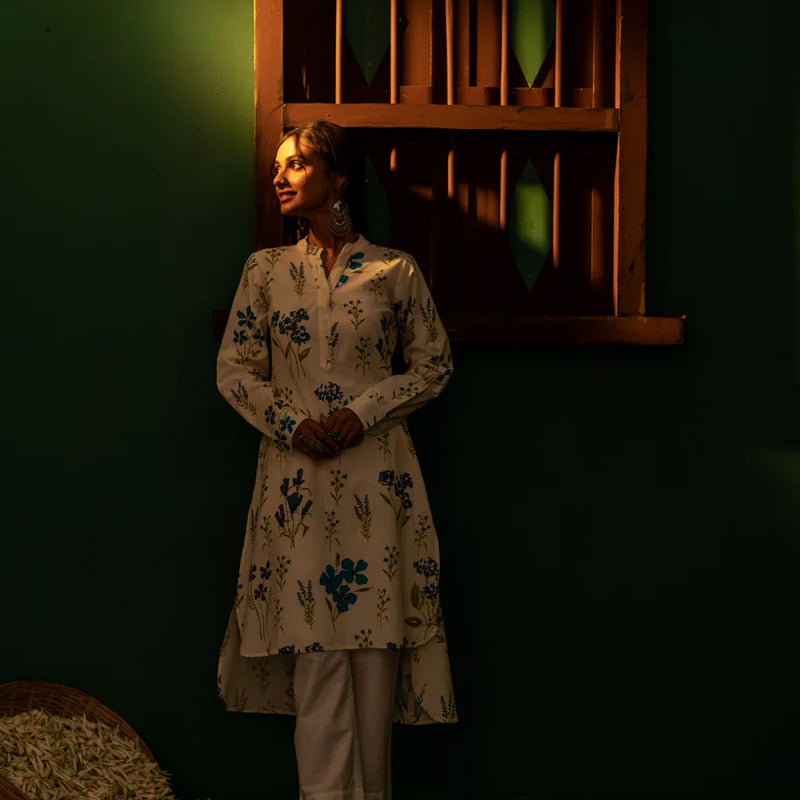 Printed High Low Cotton Kurta for Women | Bluebell Breeze