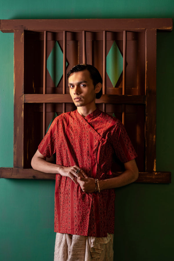 Men's Printed Cotton Angarakha Kurta - Half Sleeve | Terracotta Rhythm