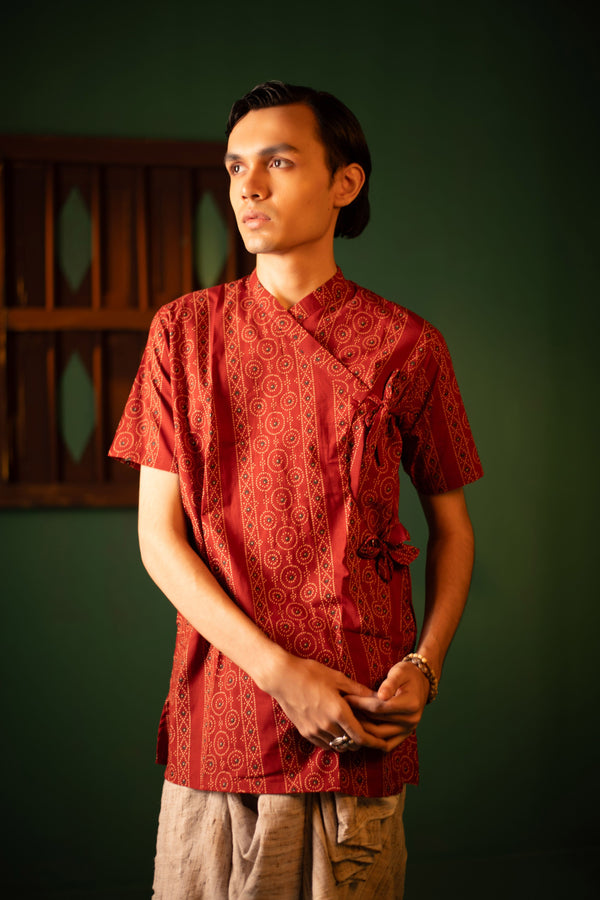 Men's Printed Cotton Angarakha Kurta - Half Sleeve | Terracotta Rhythm