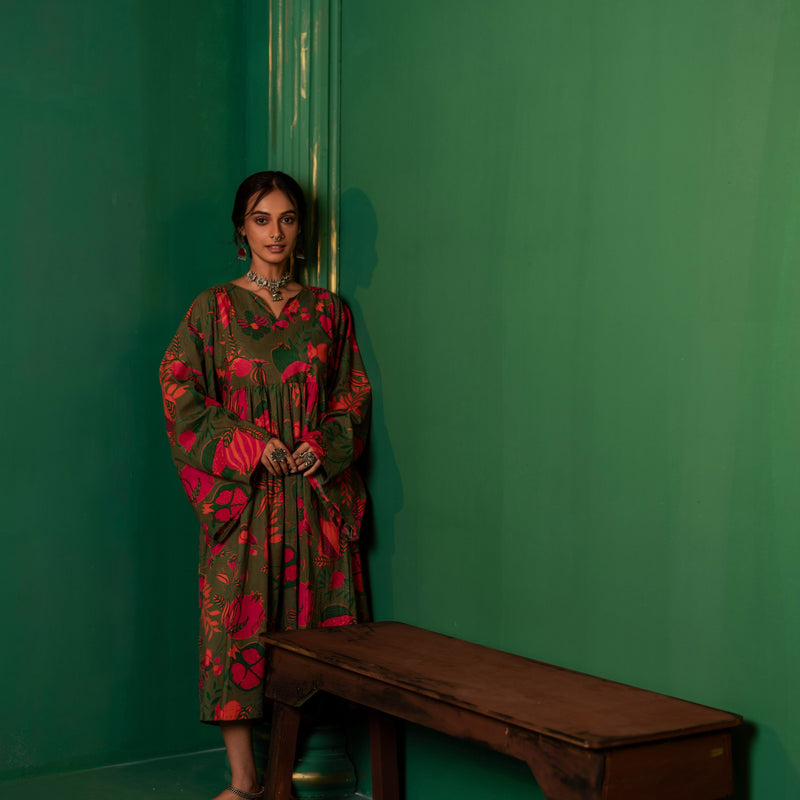 Mid-Length Cotton Kaftan Kurta for Women | Jungle Bloom