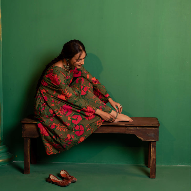 Mid-Length Cotton Kaftan Kurta for Women | Jungle Bloom