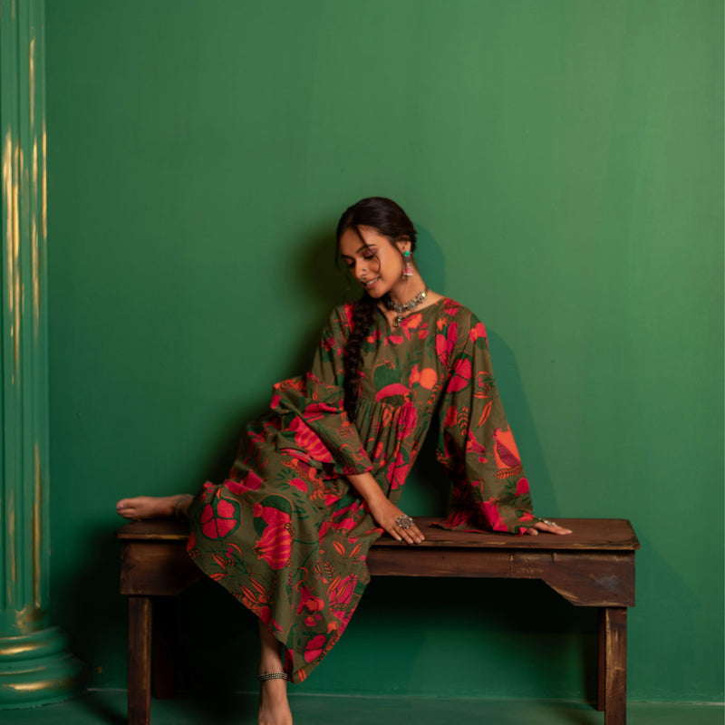 Mid-Length Cotton Kaftan Kurta for Women | Jungle Bloom