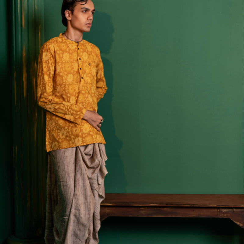 Men's Printed Short Cotton Kurta - Full Sleeve | Sunflower fields