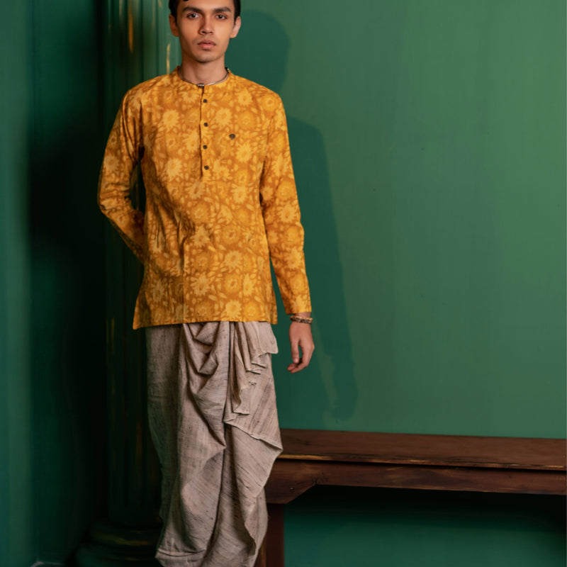 Men's Printed Short Cotton Kurta - Full Sleeve | Sunflower fields