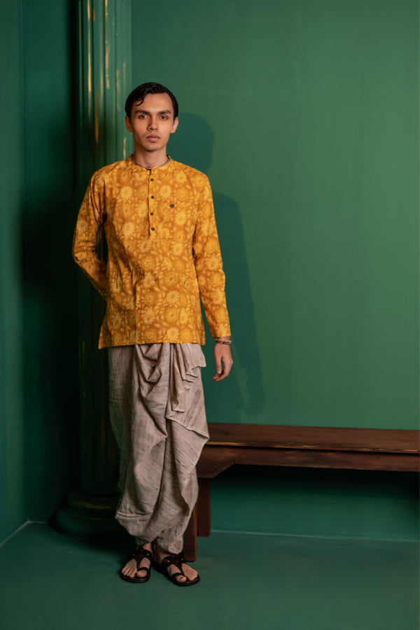 Men's Printed Short Cotton Kurta - Full Sleeve | Sunflower fields