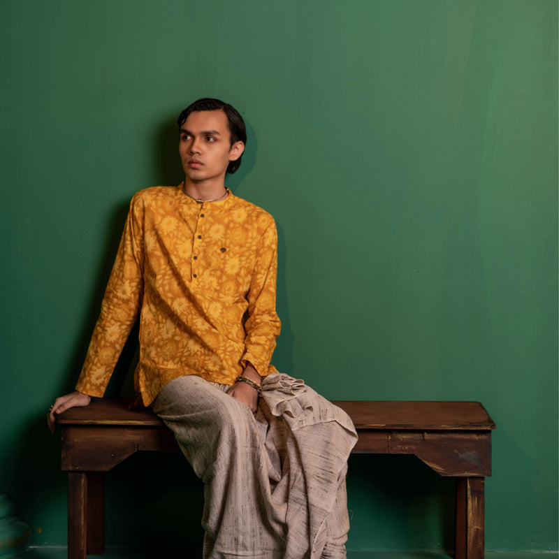 Men's Printed Short Cotton Kurta - Full Sleeve | Sunflower fields