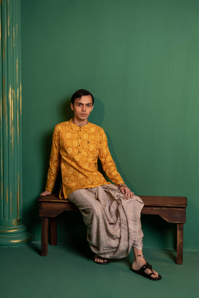 Men's Printed Short Cotton Kurta - Full Sleeve | Sunflower fields