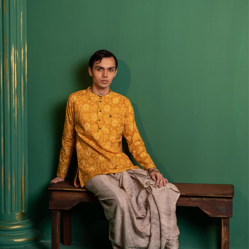 Men's Printed Short Cotton Kurta - Full Sleeve | Sunflower fields