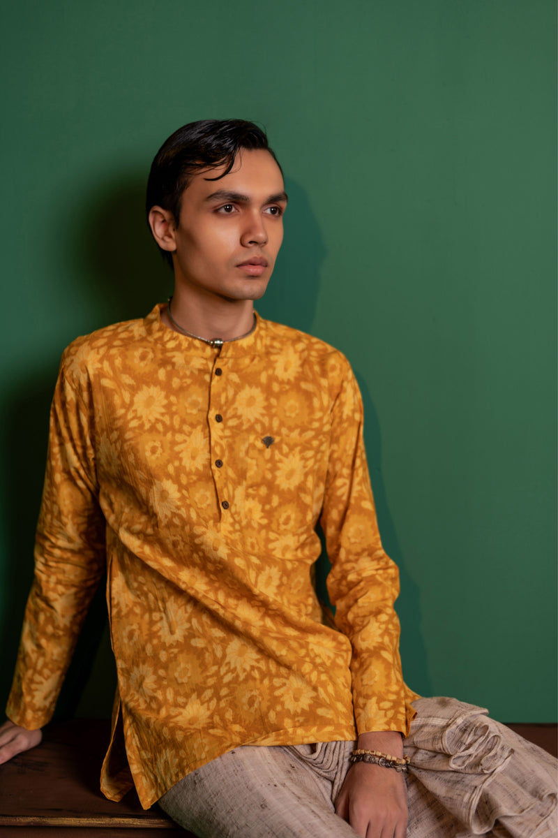 Men's Printed Short Cotton Kurta - Full Sleeve | Sunflower fields
