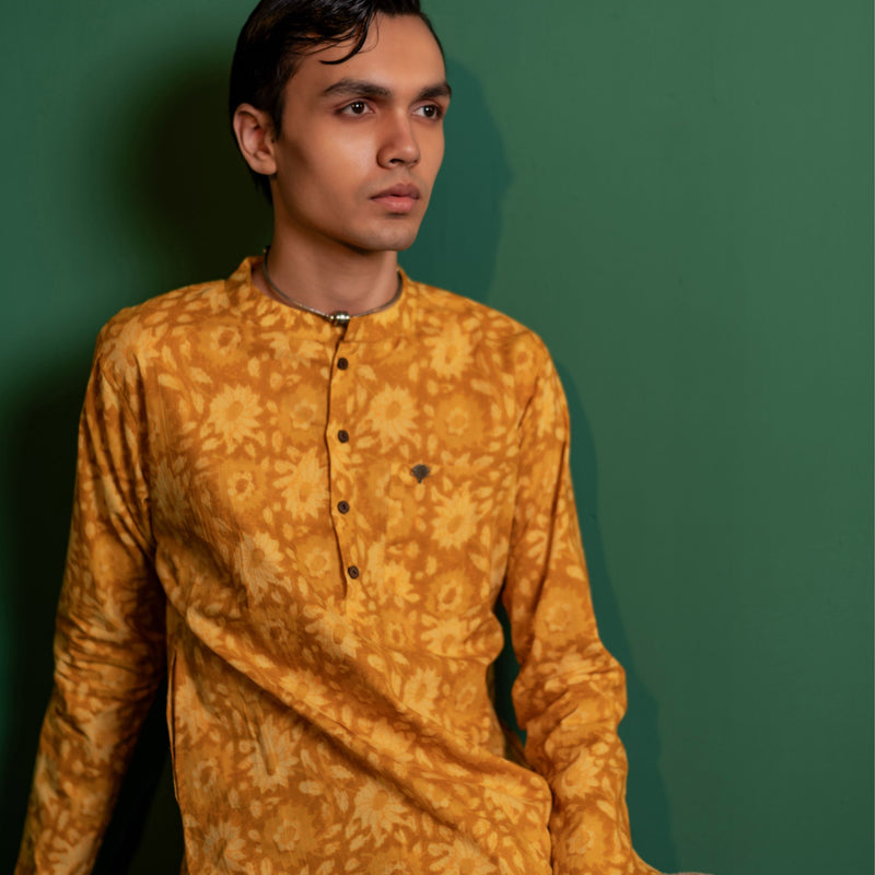 Men's Printed Short Cotton Kurta - Full Sleeve | Sunflower fields