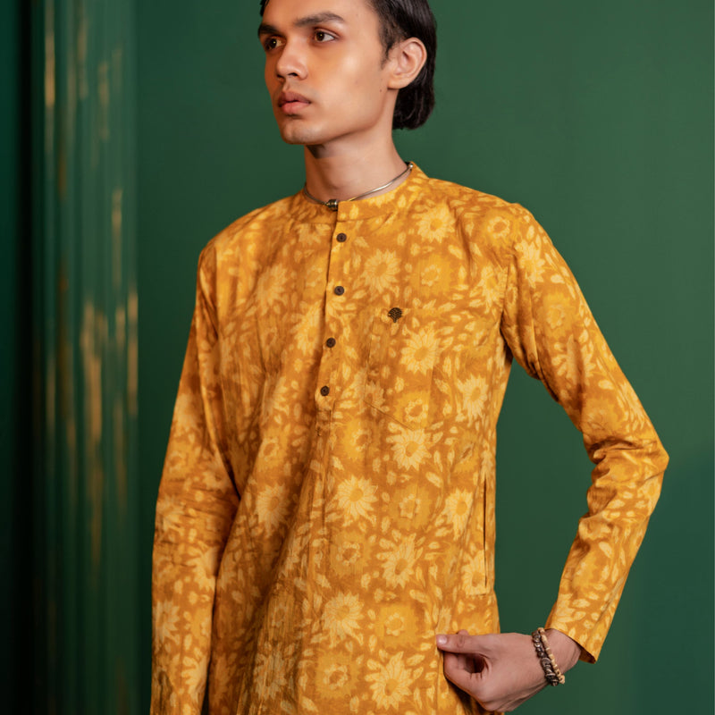 Men's Printed Short Cotton Kurta - Full Sleeve | Sunflower fields