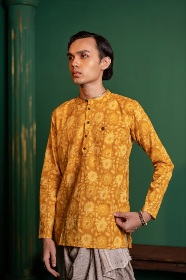 Men's Printed Short Cotton Kurta - Full Sleeve | Sunflower fields