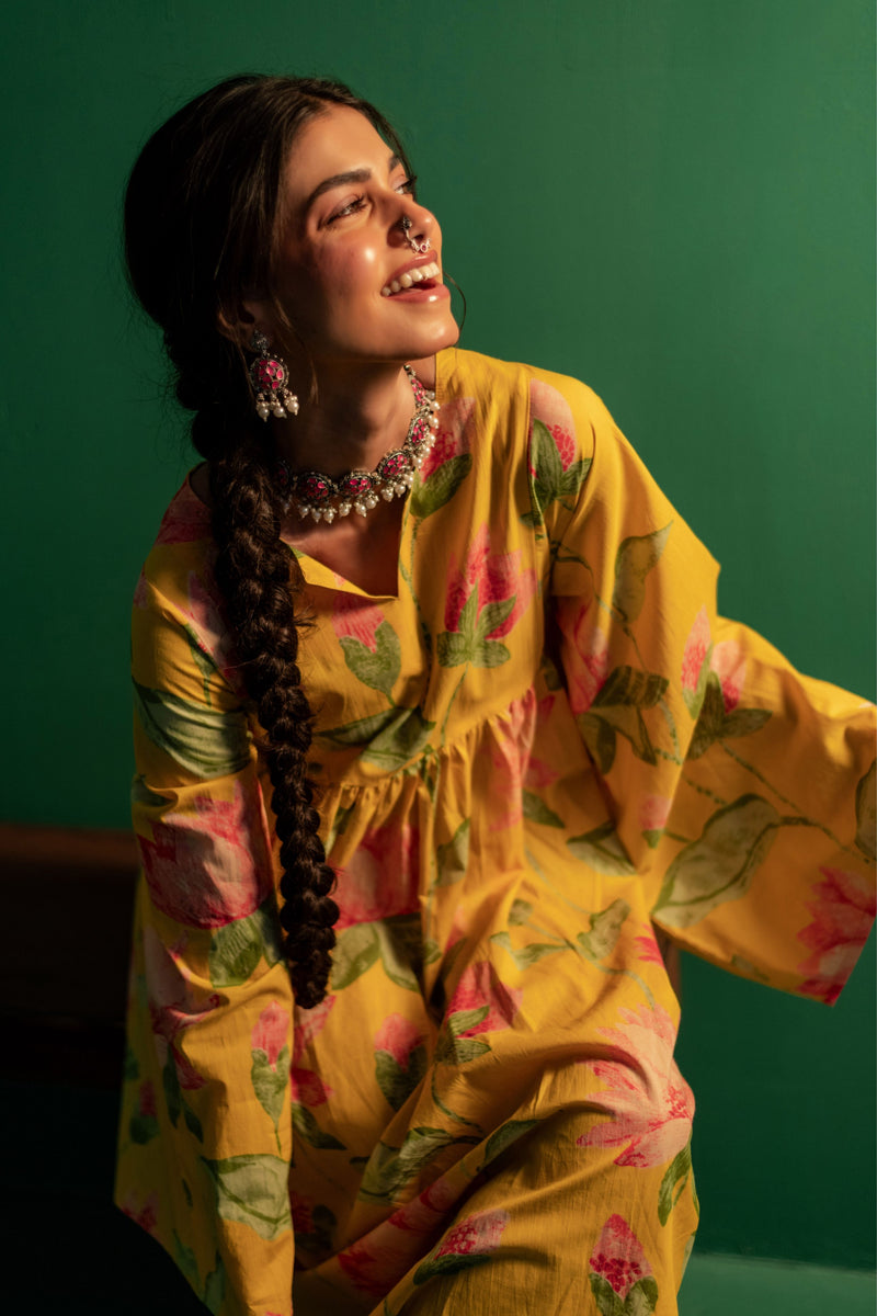 Mid-Length Cotton Kaftan Kurta for Women | Sunlit Bloom