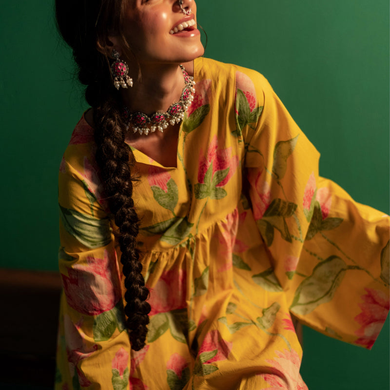 Mid-Length Cotton Kaftan Kurta for Women | Sunlit Bloom