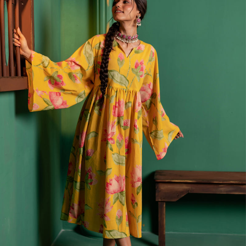 Mid-Length Cotton Kaftan Kurta for Women | Sunlit Bloom