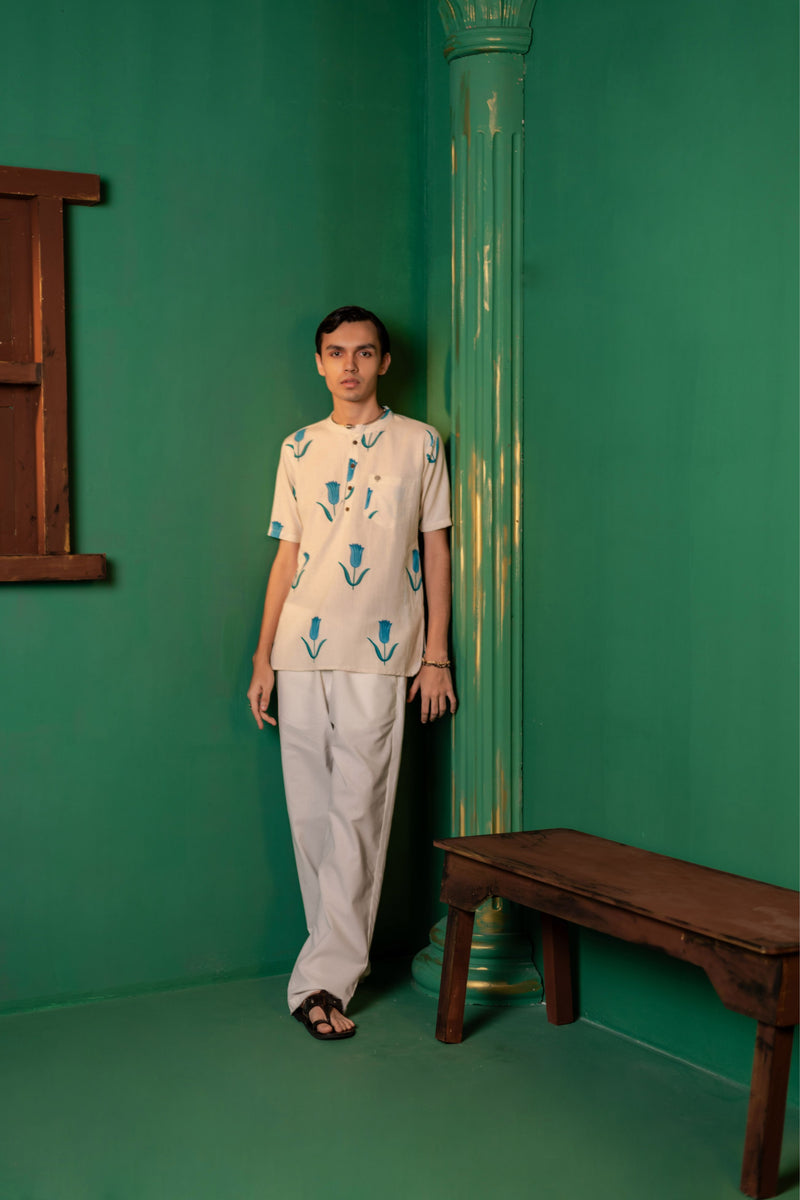 Men's Printed Short Cotton Kurta - Half Sleeve | Blue Daisy