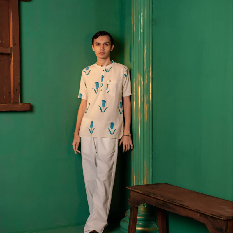 Men's Printed Short Cotton Kurta - Half Sleeve | Blue Daisy