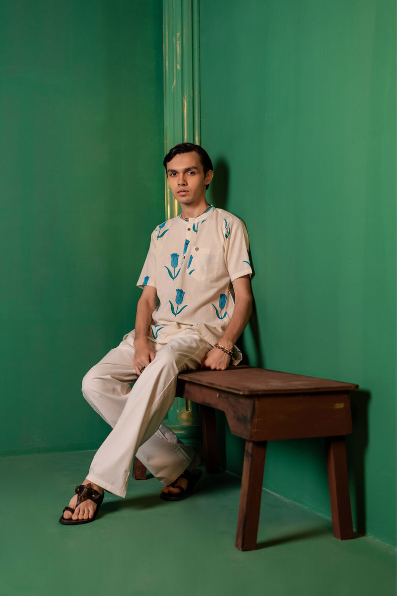 Men's Printed Short Cotton Kurta - Half Sleeve | Blue Daisy