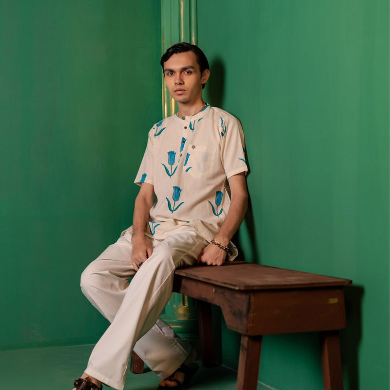 Men's Printed Short Cotton Kurta - Half Sleeve | Blue Daisy