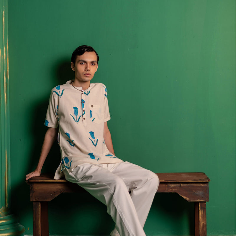 Men's Printed Short Cotton Kurta - Half Sleeve | Blue Daisy