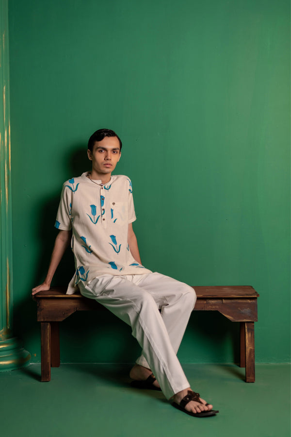 Men's Printed Short Cotton Kurta - Half Sleeve | Blue Daisy