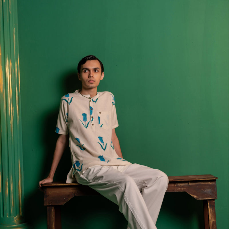 Men's Printed Short Cotton Kurta - Half Sleeve | Blue Daisy