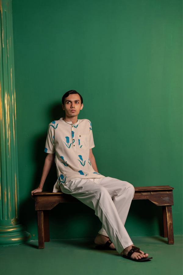 Men's Printed Short Cotton Kurta - Half Sleeve | Blue Daisy