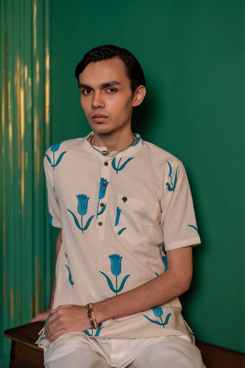 Men's Printed Short Cotton Kurta - Half Sleeve | Blue Daisy