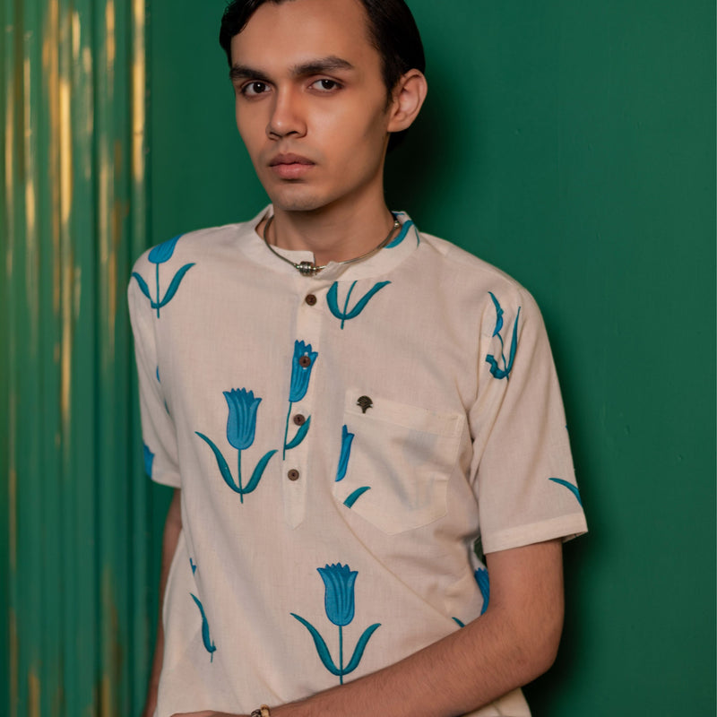 Men's Printed Short Cotton Kurta - Half Sleeve | Blue Daisy