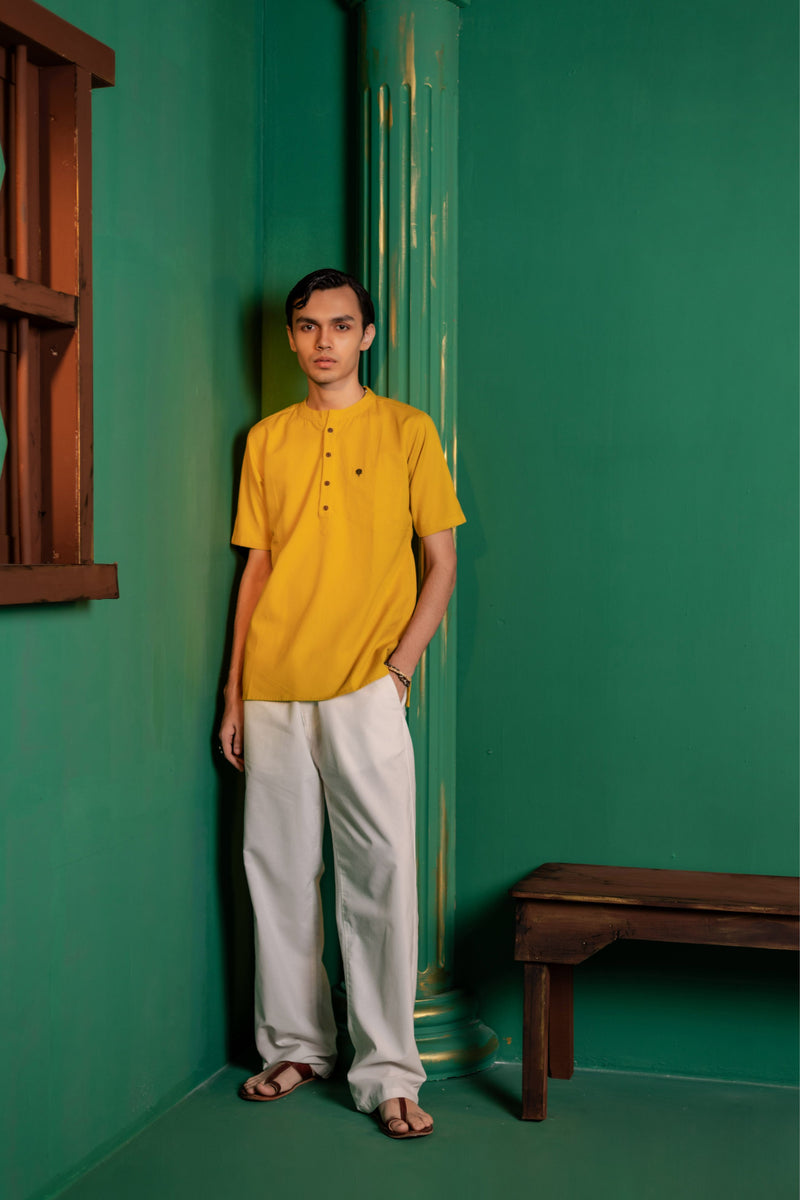Men's Plain Short Cotton Kurta - Half Sleeve | Haldi Ochre