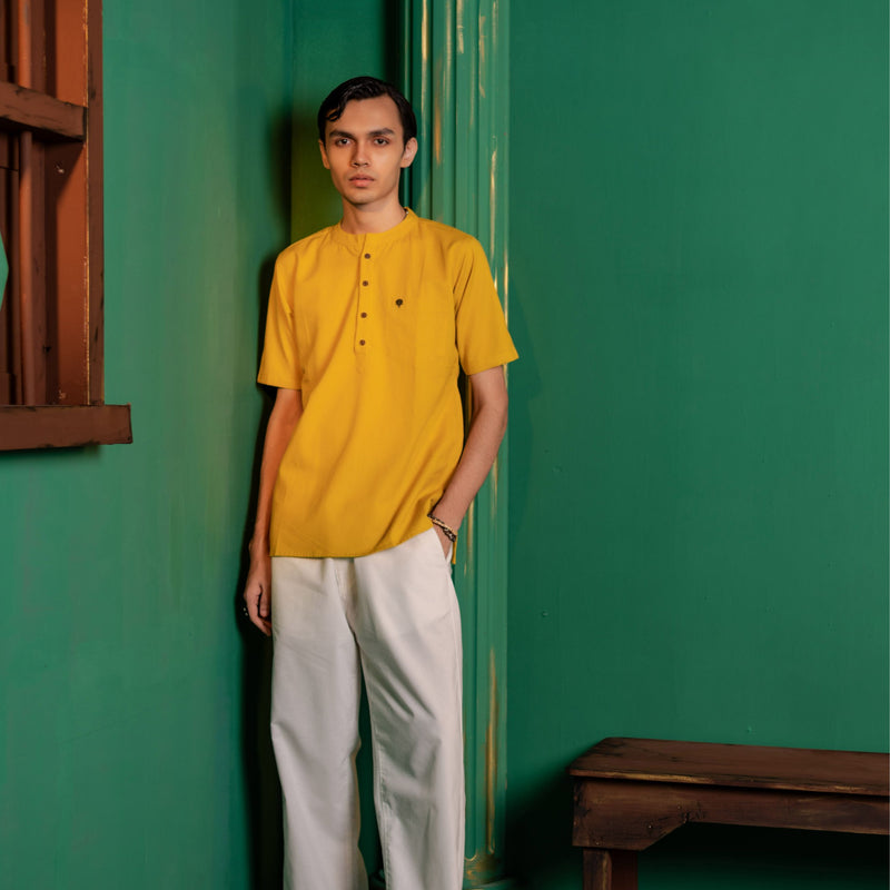 Men's Plain Short Cotton Kurta - Half Sleeve | Haldi Ochre