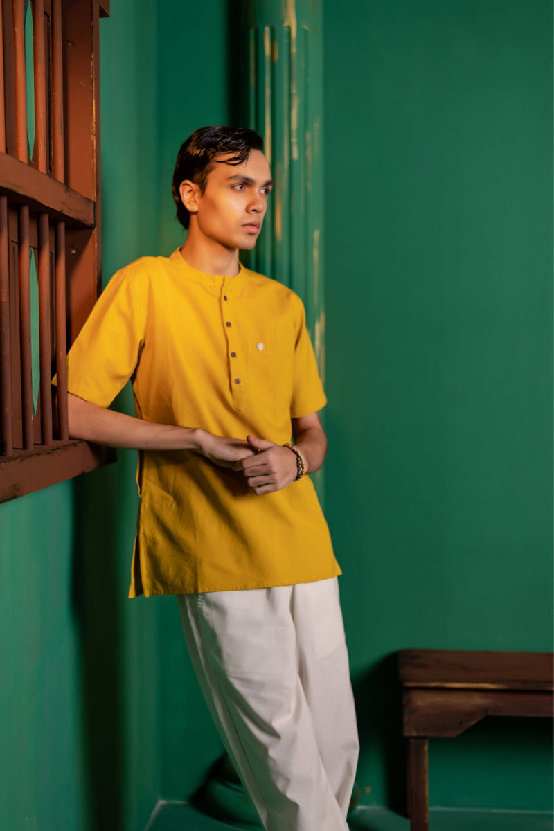 Men's Plain Short Cotton Kurta - Half Sleeve | Haldi Ochre