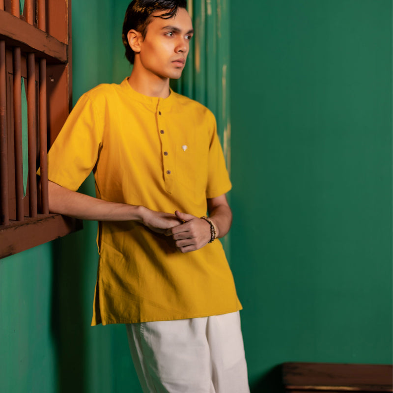 Men's Plain Short Cotton Kurta - Half Sleeve | Haldi Ochre