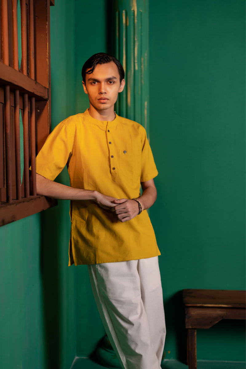 Men's Plain Short Cotton Kurta - Half Sleeve | Haldi Ochre