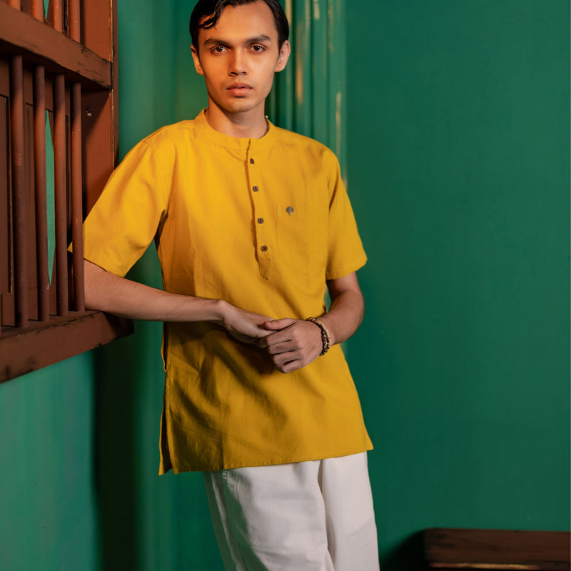 Men's Plain Short Cotton Kurta - Half Sleeve | Haldi Ochre