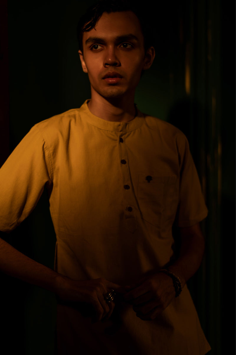 Men's Plain Short Cotton Kurta - Half Sleeve | Haldi Ochre