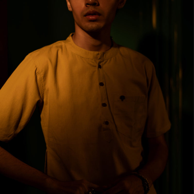 Men's Plain Short Cotton Kurta - Half Sleeve | Haldi Ochre