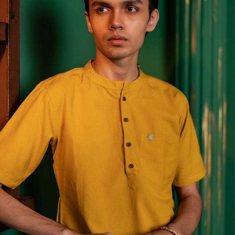 Men's Plain Short Cotton Kurta - Half Sleeve | Haldi Ochre