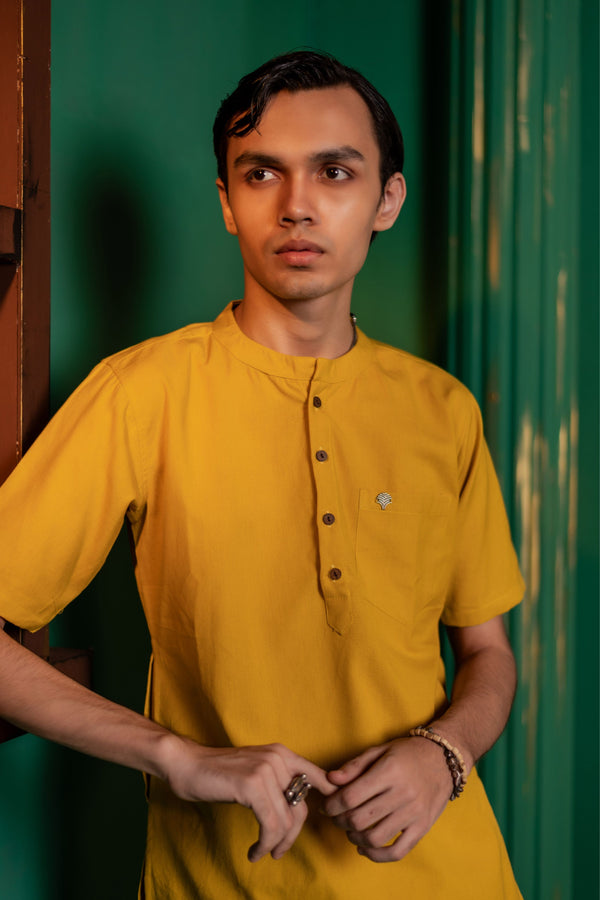 Men's Plain Short Cotton Kurta - Half Sleeve | Haldi Ochre