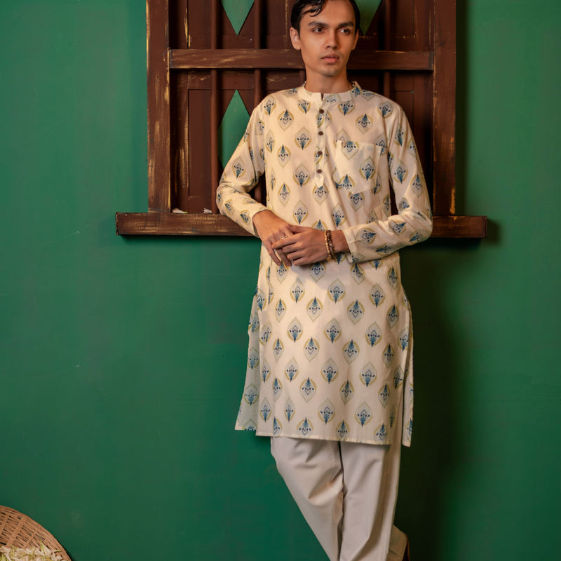 Men's Printed Long Cotton Kurta - Full Sleeve | Aqua Floral