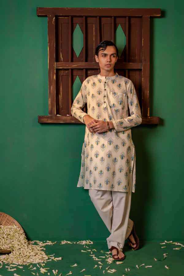 Men's Printed Long Cotton Kurta - Full Sleeve | Aqua Floral