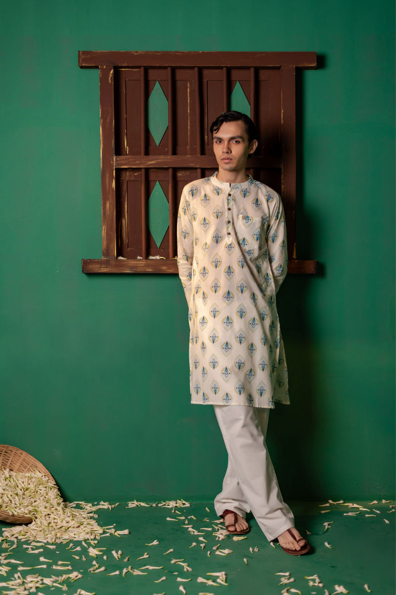 Men's Printed Long Cotton Kurta - Full Sleeve | Aqua Floral