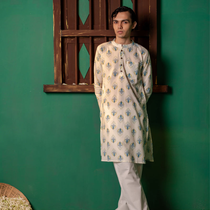 Men's Printed Long Cotton Kurta - Full Sleeve | Aqua Floral