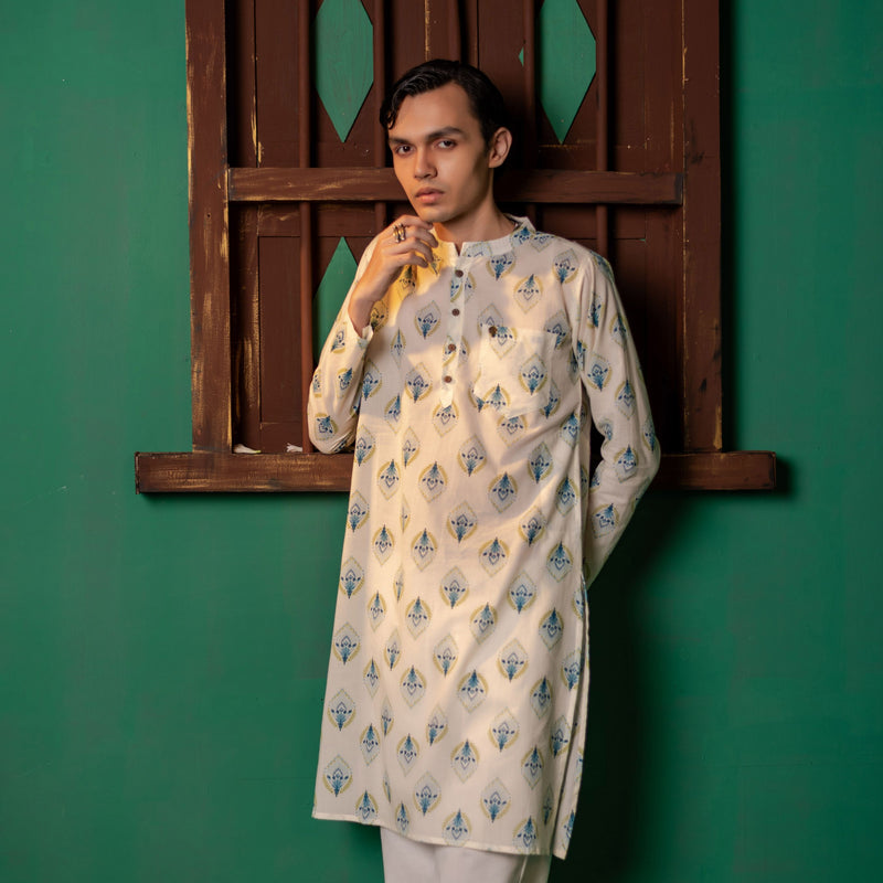 Men's Printed Long Cotton Kurta - Full Sleeve | Aqua Floral