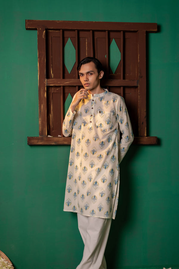 Men's Printed Long Cotton Kurta - Full Sleeve | Aqua Floral