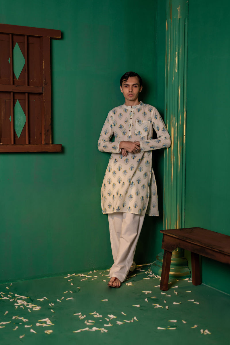 Men's Printed Long Cotton Kurta - Full Sleeve | Aqua Floral