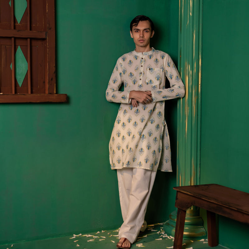 Men's Printed Long Cotton Kurta - Full Sleeve | Aqua Floral