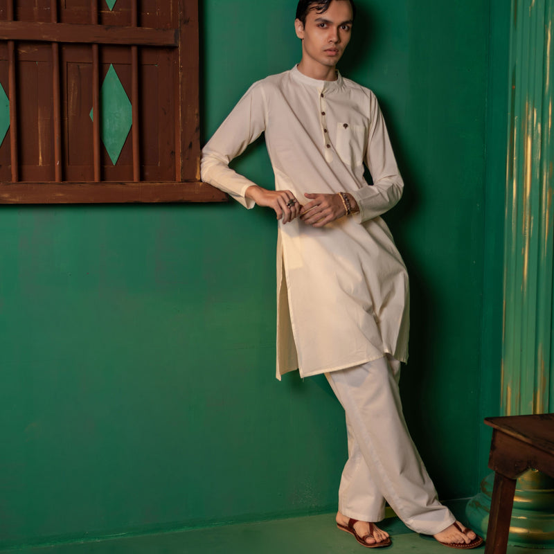 Men's Plain Long Cotton Kurta - Full Sleeve | Ivory Aura